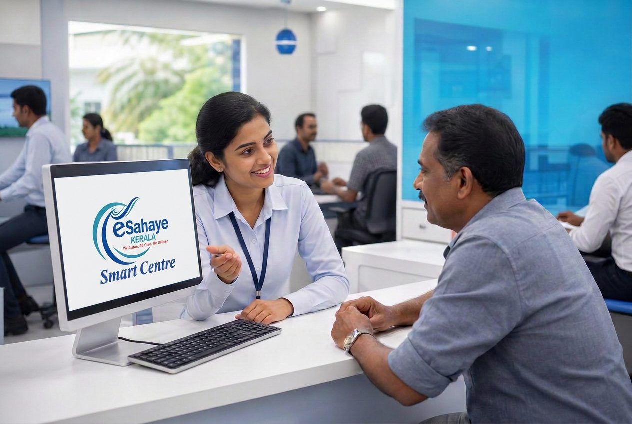 eSahaye Smart Centre staff assisting a customer at a service desk, with the official eSahaye logo on the computer screen